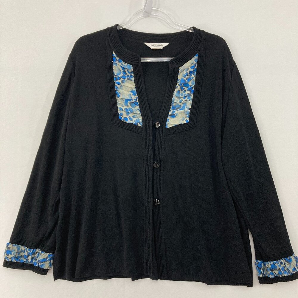 Misook Knit Jacket Cardigan size 2X Black Mixed Media Button Down Elegant Preppy